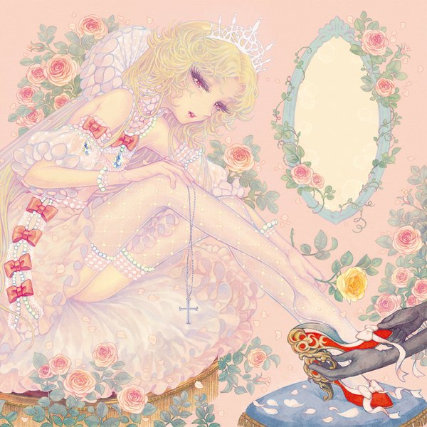 Anime picture 1000x1000 with original takatora single long hair looking at viewer blonde hair sitting pink eyes wavy hair pink background girl thighhighs gloves flower (flowers) bow detached sleeves petals black gloves shoes rose (roses)