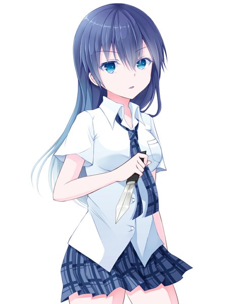 Anime picture 762x1000 with harunire single long hair tall image fringe breasts blue eyes simple background standing white background holding blue hair pleated skirt plaid girl skirt uniform weapon school uniform shirt