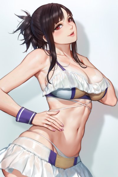 Anime picture 2400x3597 with final fantasy final fantasy vii square enix tifa lockhart tifa lockhart (shining spirit) nudtawut thongmai single long hair tall image looking at viewer highres breasts light erotic black hair simple background smile red eyes large breasts standing ponytail