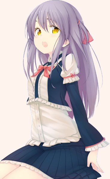 Anime picture 643x1050 with original zizi (zz22) single long hair tall image looking at viewer open mouth sitting yellow eyes purple hair pleated skirt gradient background girl skirt bow hair bow buttons