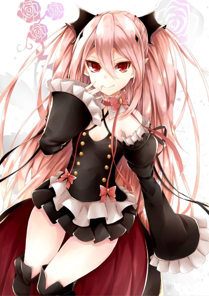 Anime picture 690x979 with owari no seraph wit studio kururu tepes hiiragi yashiro single long hair tall image looking at viewer fringe smile hair between eyes red eyes white background twintails bare shoulders payot pink hair long sleeves pointy ears wide sleeves