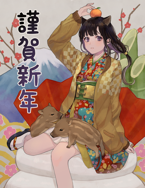 Anime picture 2347x3028 with original saino (sainoomisaki) single long hair tall image looking at viewer highres black hair sitting purple eyes long sleeves traditional clothes parted lips japanese clothes floral print mountain new year nengajou plum blossoms girl