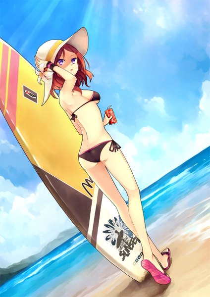 Anime picture 870x1230 with love live! school idol project sunrise (studio) love live! coca-cola nishikino maki hao (patinnko) single tall image short hair breasts open mouth light erotic purple eyes sky cloud (clouds) red hair beach girl flower (flowers) swimsuit