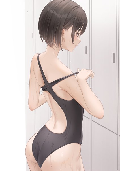 Anime picture 2894x4093 with original fujizarashi single tall image fringe highres short hair open mouth light erotic black hair standing looking away ass indoors profile wet grey eyes locker room swimsuit pull girl