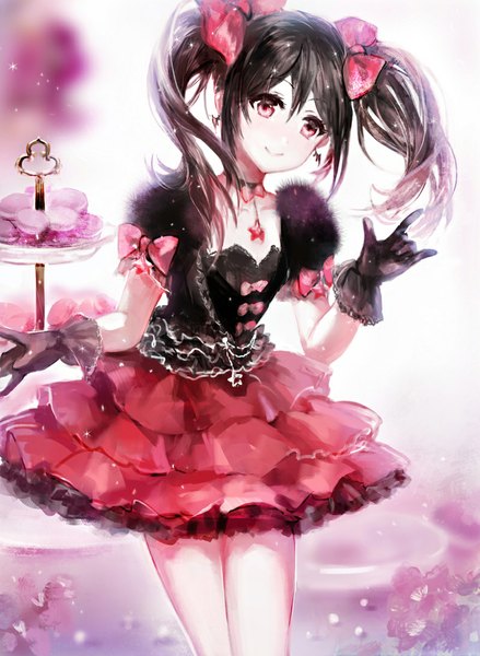 Anime picture 800x1093 with love live! school idol project sunrise (studio) love live! yazawa nico juexing (moemoe3345) single long hair tall image looking at viewer blush black hair smile red eyes twintails mmm girl skirt gloves flower (flowers) bow