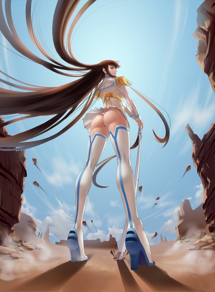 Anime picture 2893x3927 with kill la kill studio trigger kiryuuin satsuki junketsu nuwangyang (930426) single tall image highres blue eyes light erotic black hair sky cloud (clouds) ass very long hair looking back wind from below high heels upskirt