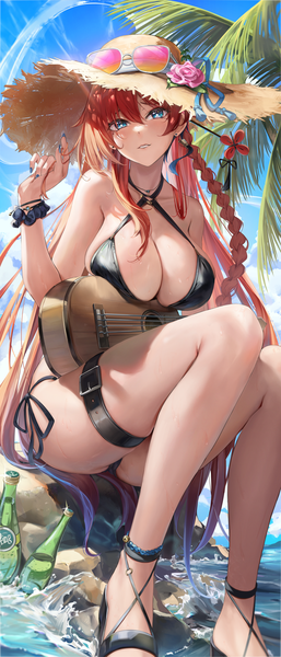 Anime picture 2736x6397 with wuthering waves yinlin (wuthering waves) aoi 13 single long hair tall image looking at viewer fringe highres breasts blue eyes light erotic hair between eyes large breasts sitting sky bent knee (knees) outdoors red hair braid (braids)
