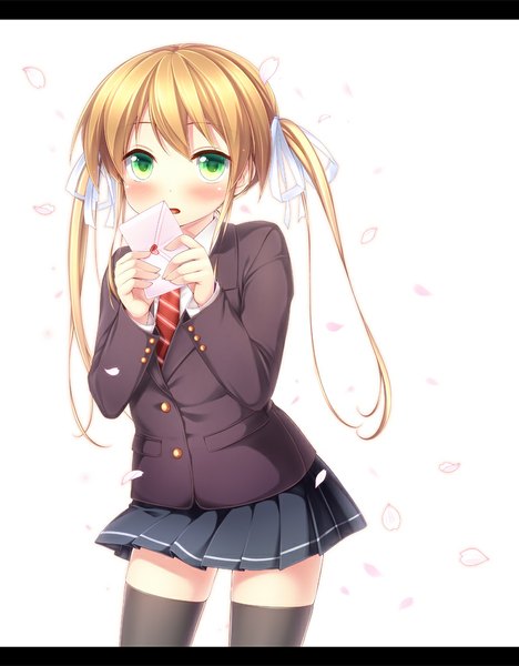 Anime picture 780x1000 with original nullken single long hair tall image looking at viewer blush blonde hair twintails green eyes zettai ryouiki girl thighhighs skirt uniform black thighhighs school uniform petals letter love letter