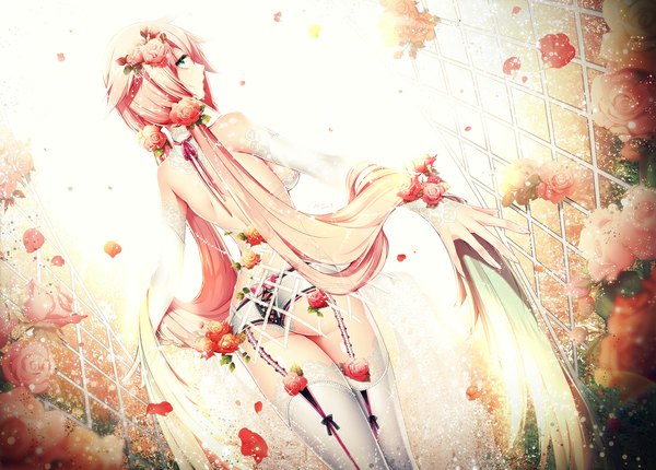 Anime picture 1099x789 with original mirunai single blue eyes light erotic bare shoulders pink hair ass very long hair looking back hair flower back girl thighhighs hair ornament flower (flowers) petals white thighhighs rose (roses) garter straps