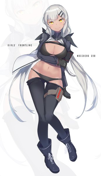 Anime picture 692x1200 with girls frontline m590 (girls frontline) aosora kamiya single tall image looking at viewer fringe breasts light erotic simple background smile hair between eyes large breasts standing white background yellow eyes full body very long hair grey hair bare belly