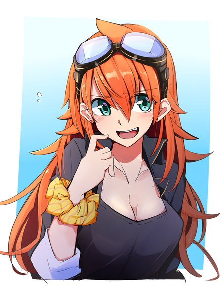 Anime picture 1200x1600 with original amano tora kazenoko single long hair tall image blush fringe breasts open mouth smile hair between eyes looking away cleavage upper body ahoge :d aqua eyes orange hair open jacket