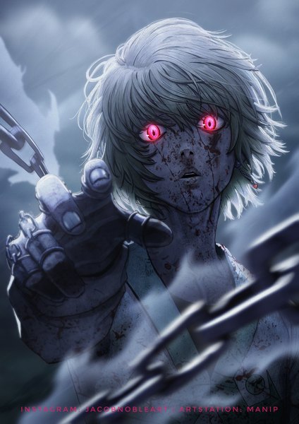 Anime picture 2480x3508 with hunter x hunter kurapica manip21 single tall image looking at viewer fringe highres short hair open mouth blonde hair hair between eyes red eyes signed upper body blurry glowing watermark glowing eye (eyes) outstretched hand