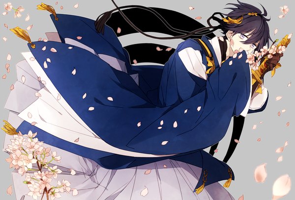 Anime picture 1800x1224 with touken ranbu nitroplus mikazuki munechika single looking at viewer fringe highres short hair purple eyes holding traditional clothes japanese clothes wide sleeves boy gloves flower (flowers) weapon petals sword katana