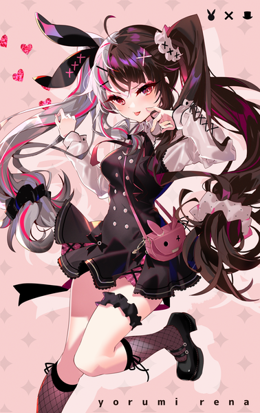 Anime picture 2456x3900 with virtual youtuber nijisanji yorumi rena arutera single long hair tall image highres black hair red eyes standing twintails silver hair ahoge multicolored hair streaked hair character names standing on one leg pink background girl