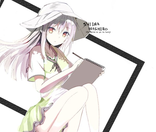 Anime picture 1000x848 with sakura-sou no pet na kanojo j.c. staff shiina mashiro kiukiu (artist) single long hair looking at viewer simple background sitting brown eyes white hair inscription writing girl dress hat pen notebook