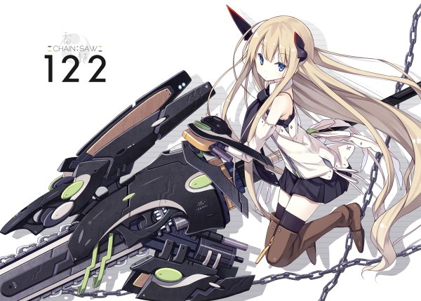 Anime picture 1200x858 with original poco (asahi age) single looking at viewer blue eyes blonde hair very long hair inscription girl thighhighs skirt black thighhighs detached sleeves miniskirt headdress thigh boots chain vest chainsaw