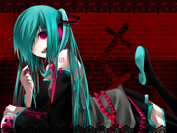 Anime picture 1200x900 with vocaloid hatsune miku kintaro long hair red eyes twintails aqua eyes girl thighhighs skirt detached sleeves necktie cross