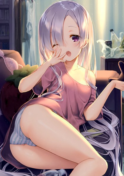 Anime picture 2057x2934 with original tomiwo single tall image looking at viewer blush fringe highres breasts open mouth light erotic purple eyes holding silver hair bent knee (knees) ass indoors very long hair head tilt scan
