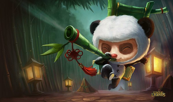 Anime picture 1902x1124 with league of legends teemo (league of legends) highres wide image weapon plant (plants) animal suit lantern bamboo panda