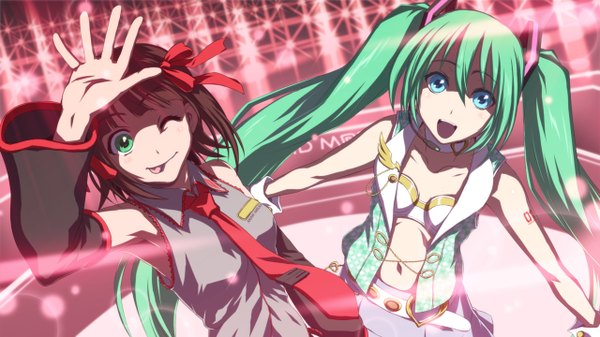 Anime picture 1280x720 with idolmaster idolmaster (classic) vocaloid hatsune miku amami haruka iga tomoteru long hair looking at viewer short hair open mouth blue eyes black hair smile wide image twintails multiple girls green eyes one eye closed wink aqua hair
