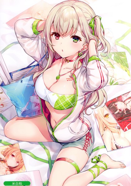Anime picture 2083x2958 with original melonbooks komeshiro kasu single long hair tall image looking at viewer blush fringe highres breasts open mouth light erotic blonde hair hair between eyes red eyes large breasts sitting green eyes signed