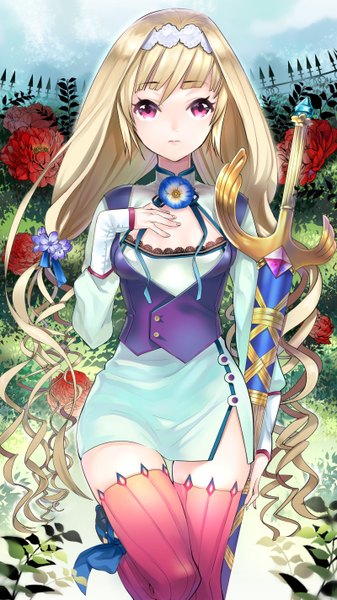 Anime picture 1600x2845 with original yamanashi kawanashi single long hair tall image fringe blonde hair standing holding sky bent knee (knees) pink eyes hair flower drill hair hand on chest leg lift (legs lift) girl thighhighs dress hair ornament