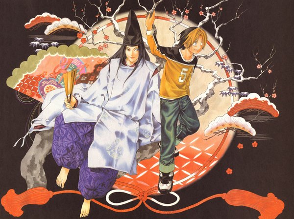 Anime picture 2313x1729 with hikaru no go studio pierrot fujiwara no sai shindou hikaru obata takeshi long hair highres short hair black hair blonde hair traditional clothes multicolored hair barefoot two-tone hair black background plum blossoms boy flower (flowers) hat pants