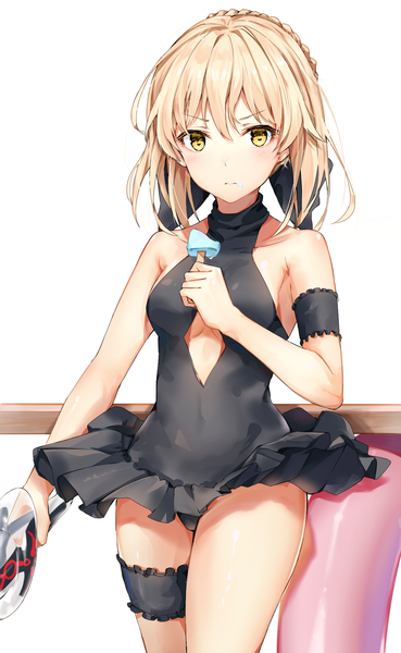 Anime picture 1169x1901 with fate (series) fate/grand order artoria pendragon (all) artoria pendragon (alter swimsuit rider) (fate) black cola single tall image blush short hair blonde hair simple background white background holding yellow eyes payot thighs covered navel girl bow swimsuit