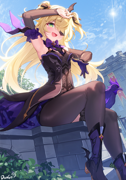 Anime picture 2000x2857 with genshin impact fischl (genshin impact) oz (genshin impact) dango remi single long hair tall image looking at viewer blush fringe highres breasts open mouth blonde hair sitting bare shoulders green eyes signed payot sky