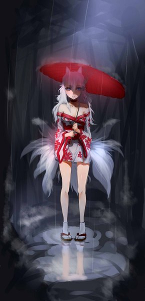 Anime picture 1200x2480 with original kuroduki (pieat) single long hair tall image looking at viewer blush blue eyes smile bare shoulders animal ears white hair tail animal tail cat ears cat tail reflection rain multiple tails girl