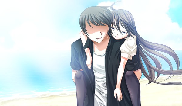 Anime picture 1024x600 with kono sekai no mukou de long hair short hair black hair wide image game cg eyes closed couple beach girl boy