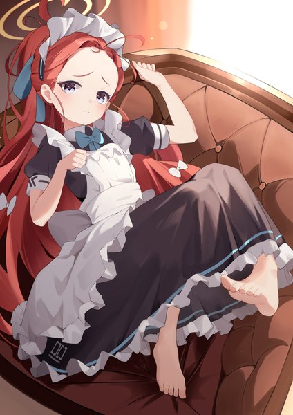 Anime picture 2894x4093 with blue archive yuzu (blue archive) yuzu (maid) (blue archive) dowal single long hair tall image looking at viewer highres blue eyes ahoge red hair barefoot from above maid loli official alternate costume girl uniform headdress