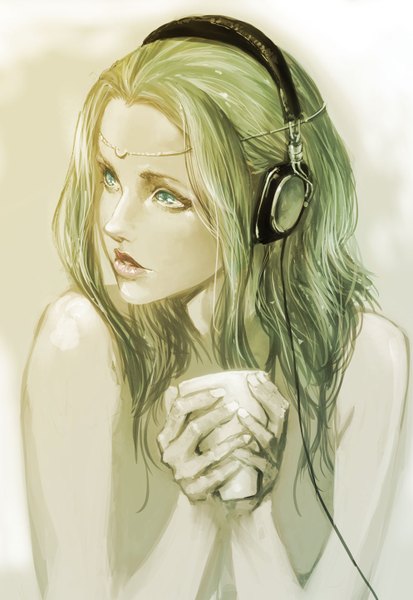 Anime picture 994x1442 with original ikeda masateru single tall image open mouth simple background bare shoulders holding green eyes looking away green hair close-up girl headphones glass