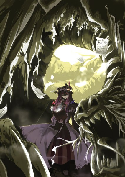 Anime picture 1240x1754 with touhou patchouli knowledge sorano eika long hair tall image fringe pink hair pink eyes hair over one eye teeth magic crescent sharp teeth girl dress ribbon (ribbons) hair ribbon book (books) bonnet paper