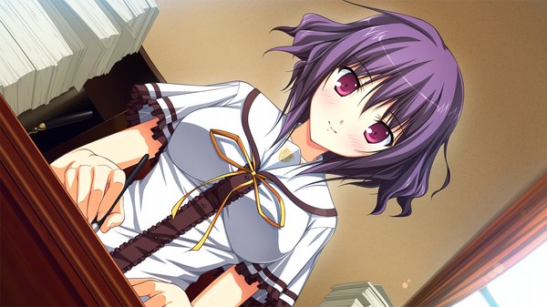 Anime picture 1280x720 with fortissimo//akkord:bsusvier (game) ooba kagerou blush short hair red eyes wide image game cg purple hair girl uniform school uniform