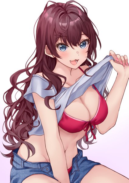 Anime picture 1448x2048 with idolmaster idolmaster cinderella girls ichinose shiki hamu (plot sy) single long hair tall image looking at viewer blush fringe breasts open mouth blue eyes light erotic simple background smile hair between eyes brown hair large breasts sitting