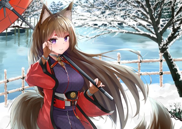 Anime picture 3541x2508 with azur lane amagi (azur lane) ryou (ryo 217cafe) single long hair looking at viewer blush fringe highres smile brown hair standing purple eyes animal ears absurdres outdoors tail traditional clothes japanese clothes animal tail