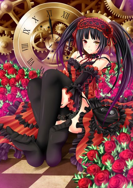 Anime picture 909x1285 with date a live tokisaki kurumi villyane single long hair tall image blush light erotic black hair smile red eyes twintails bare shoulders yellow eyes legs heterochromia checkered floor goth-loli uneven twintails girl