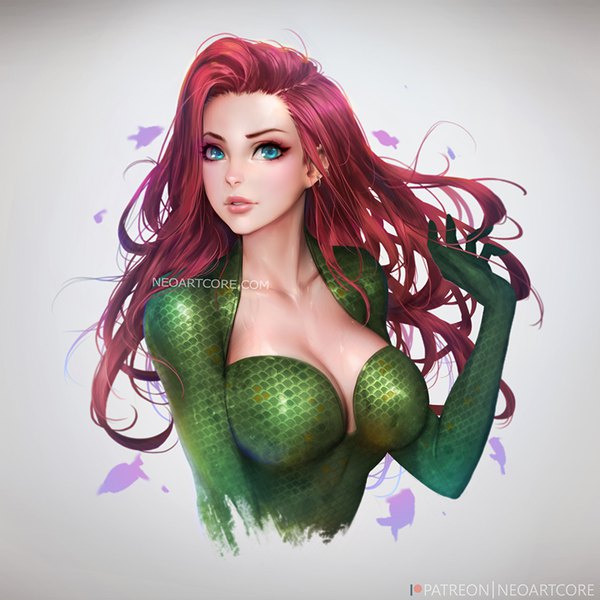 Anime picture 800x800 with batman dc comics poison ivy nudtawut thongmai single long hair looking at viewer blush fringe breasts blue eyes light erotic simple background large breasts cleavage upper body red hair parted lips lips realistic