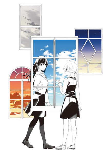 Anime picture 842x1190 with yagate kimi ni naru koito yuu nanami touko nakatani long hair tall image looking at viewer fringe short hair black hair simple background smile hair between eyes standing white background twintails multiple girls cloud (clouds) ahoge white hair