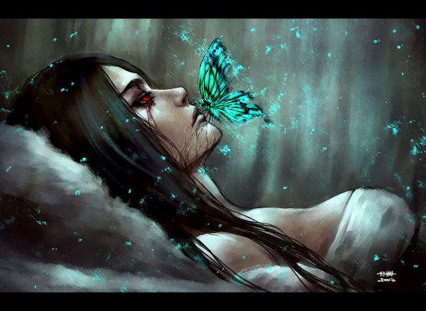 Anime-Bild 1300x950 mit original mara (original character) nanfe single long hair red eyes brown hair bare shoulders lying realistic inscription magic letterboxed looking up crying girl insect butterfly blood