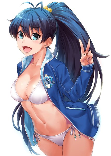 Anime picture 858x1200 with idolmaster ganaha hibiki mikel (4hands) single long hair tall image looking at viewer blush fringe breasts open mouth light erotic simple background hair between eyes large breasts standing white background blue hair cleavage ahoge