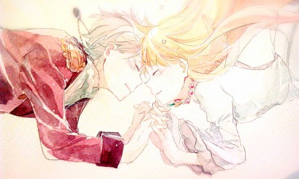 Anime picture 800x480 with aldnoah.zero a-1 pictures slaine troyard asseylum vers allusia aki (neyuki41028) long hair blush fringe short hair simple background blonde hair wide image white background silver hair eyes closed profile couple tears floating hair holding hands
