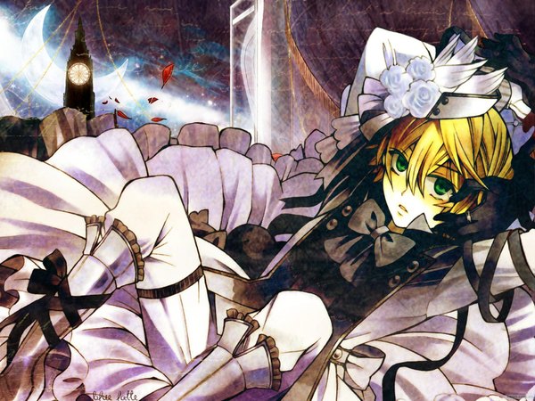 Anime picture 1600x1200 with pandora hearts xebec oz vessalius blonde hair green eyes night crescent boy gloves bow ribbon (ribbons) hat petals headdress window moon curtains suit tower