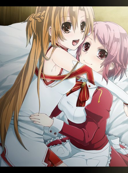 Anime picture 1000x1350 with sword art online a-1 pictures yuuki asuna lisbeth keita (tundereyuina) long hair tall image short hair open mouth red eyes brown hair bare shoulders multiple girls brown eyes pink hair girl dress 2 girls detached sleeves