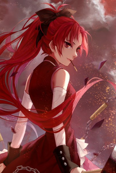Anime picture 811x1200 with mahou shoujo madoka magica shaft (studio) sakura kyouko lin nuli xiulian single long hair tall image fringe breasts smile red eyes standing holding looking away cloud (clouds) ponytail red hair profile lips mouth hold