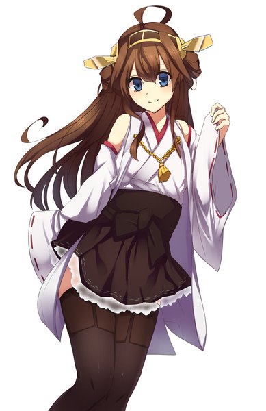 Anime picture 851x1311 with kantai collection kongou battleship ashiwara yuu single long hair tall image looking at viewer blush blue eyes simple background smile brown hair white background ahoge traditional clothes nontraditional miko girl thighhighs hair ornament black thighhighs