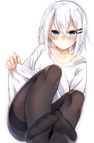 Anime picture 800x1206 with original ringo-chan (otokuyou) otokuyou single tall image looking at viewer blush fringe short hair blue eyes light erotic simple background hair between eyes white background bare shoulders bent knee (knees) white hair sweat no shoes sweatdrop