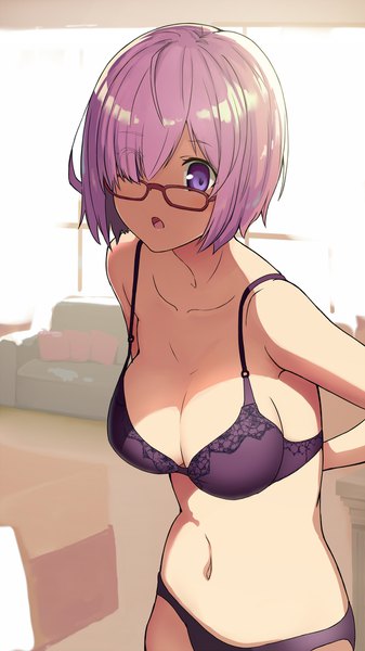 Anime picture 1080x1920 with fate (series) fate/grand order mash kyrielight tomitayaki single tall image looking at viewer fringe short hair breasts open mouth light erotic large breasts standing purple eyes bare shoulders purple hair indoors hair over one eye bare belly