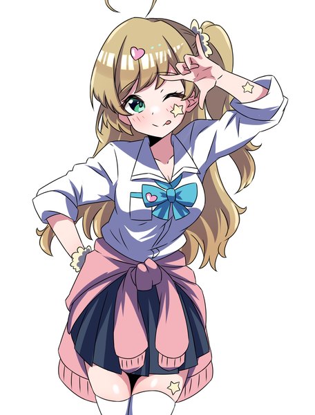 Anime picture 5236x6890 with idolmaster idolmaster cinderella girls satou shin zaza (zahaoming) single long hair tall image looking at viewer highres simple background blonde hair white background green eyes absurdres ahoge one eye closed wink zettai ryouiki hand on hip one side up